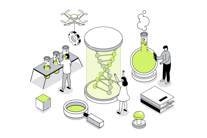 People researching dna molecule in glass  Illustration