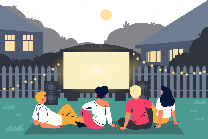 People resting at lawn on the blanket and watching movie on big screen at house backyard  Illustration