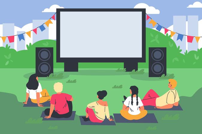 People resting at lawn on the plaids and watching movie on big screen  Illustration