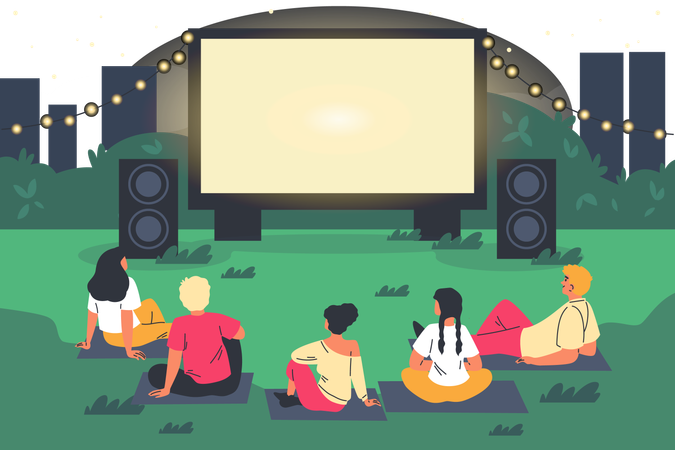 People resting at lawn on the plaids and watching movie on big screen  Illustration