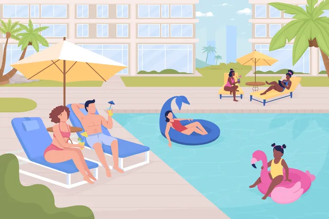 People Resting At Public Outdoor Poolside Flat Color Vector Illustration Summer Time Recreation Fully Editable 2 D Simple Cartoon Characters With City On Background Bebas Neue Font Used Illustration