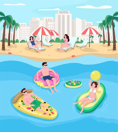 People Resting At Seaside Resort Flat Color Vector Illustration Students Relaxing On Inflatables Summertime Vacations Spring Break 2 D Cartoon Characters With Cityscape On Background Illustration