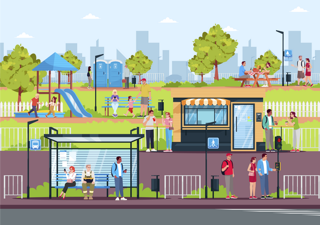 People Resting In Modern Town Illustration