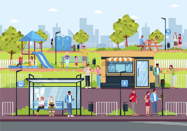 People Resting In Modern Town  Illustration