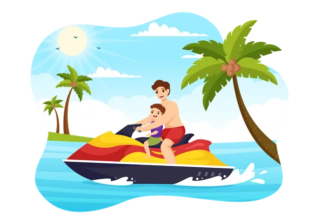 People Ride Jet Ski Vector Illustration Summer Vacation Recreation Extreme Water Sports And Resort Beach Activity In Hand Drawn Flat Cartoon Template Illustration