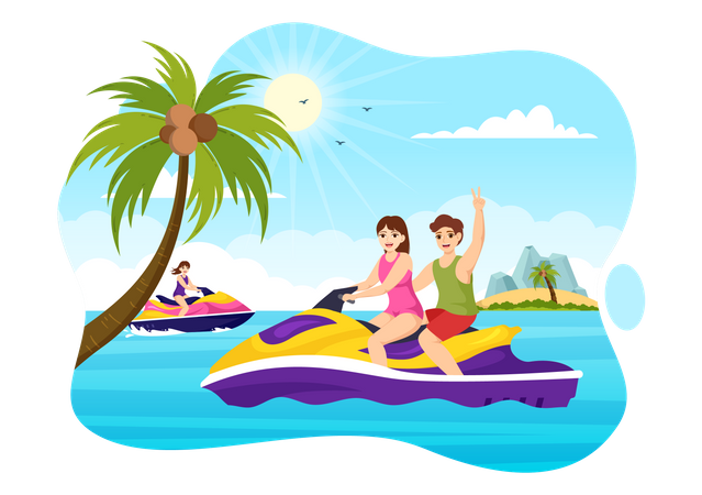 People Ride Jet Ski Illustration  Illustration