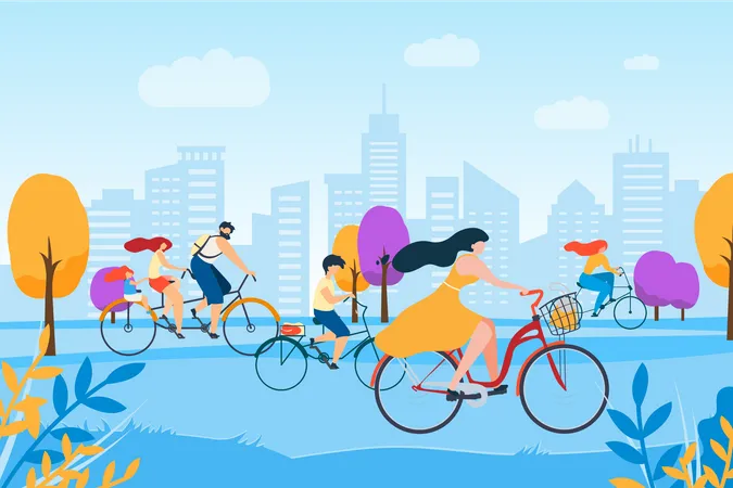 People riding bicycles on street Illustration