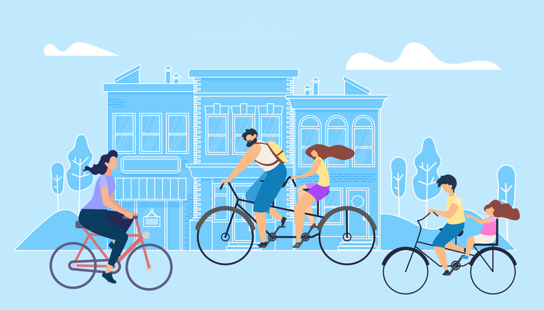 People Riding Bike in city during weekend  Illustration