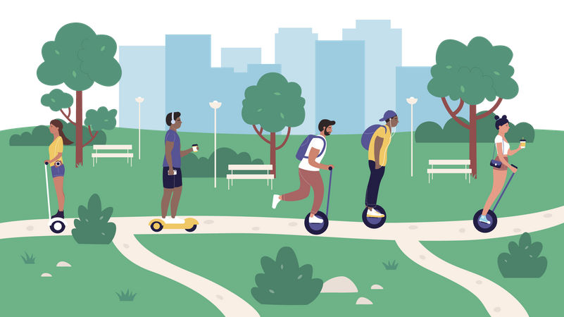 People riding e-scooter in park  Illustration