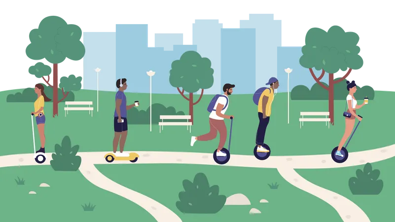 People riding e-scooter in park  Illustration