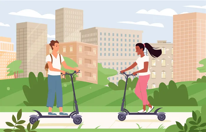 People riding electric scooter in city  Illustration