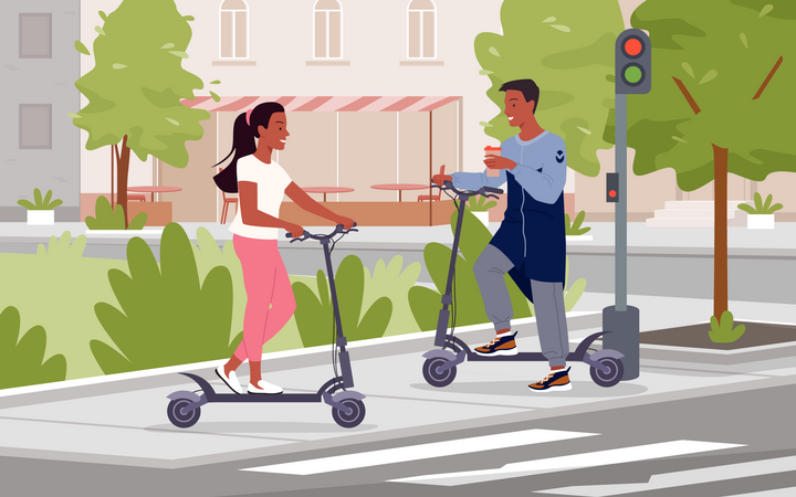 People riding electric scooter in city  Illustration