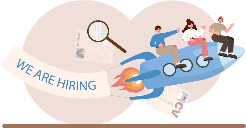 People riding on rocket while showing we are hiring banner  Illustration