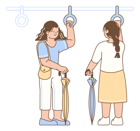 People Riding Public Transportation with Umbrella  Illustration