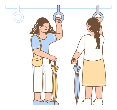 People Riding Public Transportation with Umbrella  Illustration