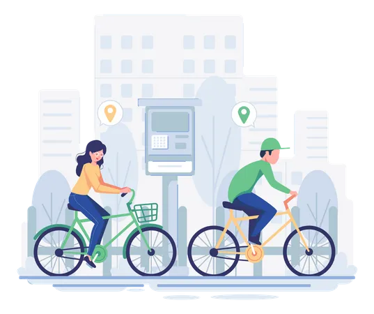 People riding rental bikes  Illustration