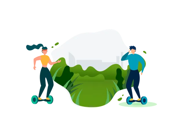 People Riding Self Balancing Electric Scooters in Park  Illustration