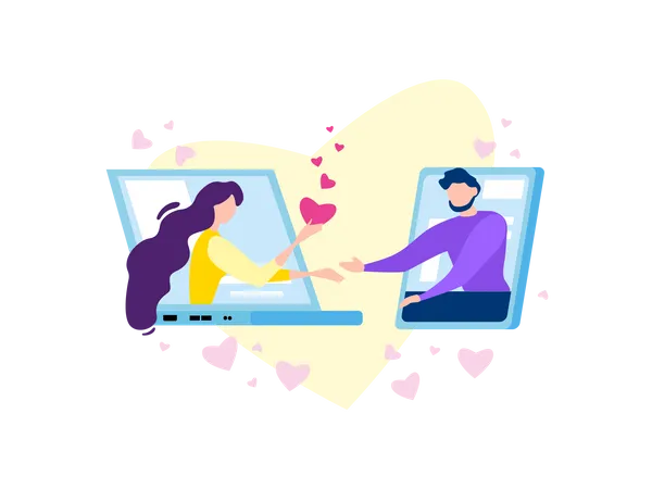 People Romantic Relationship, Internet Romance and Flirt Illustration