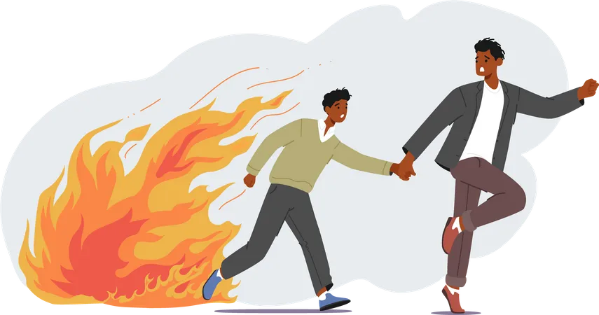 People Run Escaping from Ragging Fire Illustration