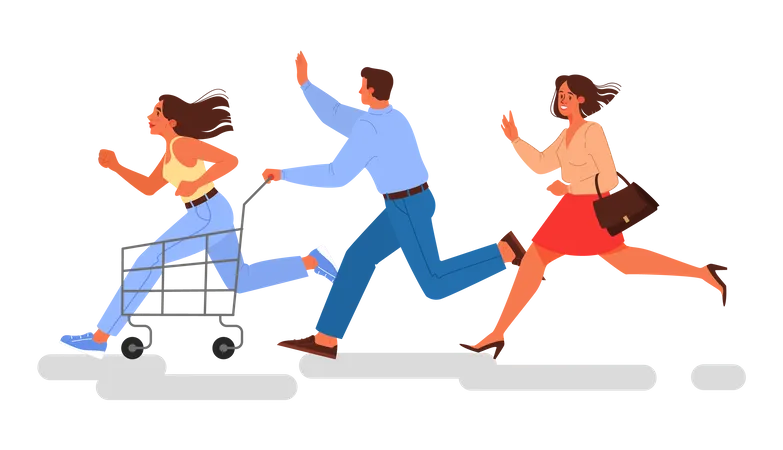 Vector Illustration For Black Friday People Running Fast For Sale Women And Men Shopping With Trolley And Bags Lak Friday Business Concept Illustration