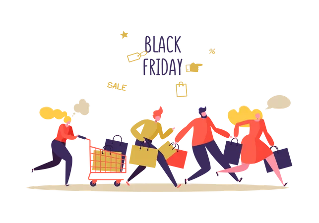 Black Friday Sale Event Flat People Characters With Shopping Bags Big Discount Promo Concept Advertising Poster Banner Vector Illustration 일러스트레이션