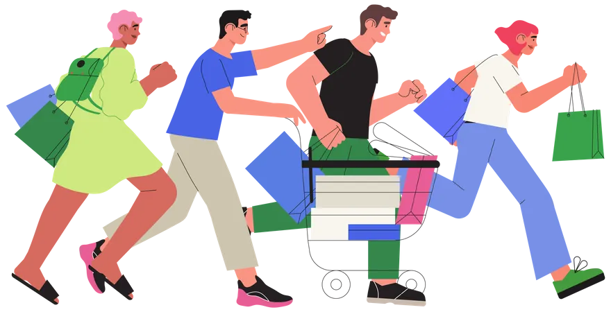 People Shop Online E Commerce And Online Shopping Man Push Shopping Cart And Woman Holding Boxes Or Presents Special Offer Or Big Seasonal Sale Discounts Banner Flyer Web Or Landing Page Illustration