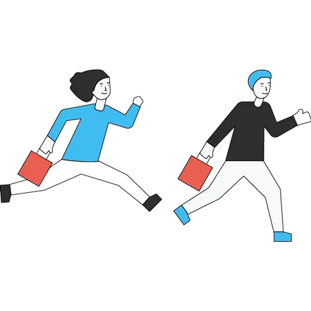 Boy And Girl Are Running For Shopping Illustration