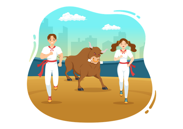 People running from bull  Illustration