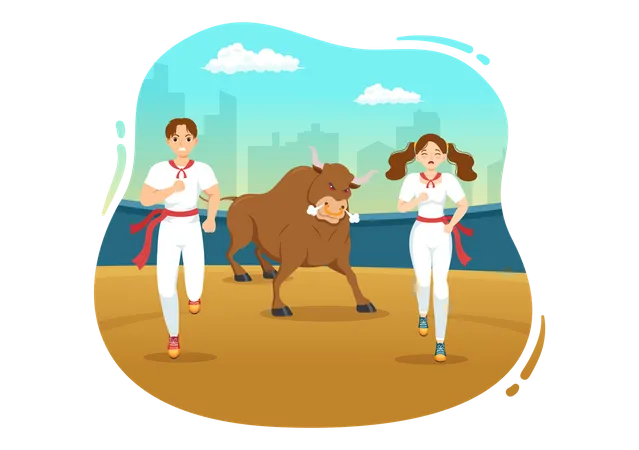 People running from bull  Illustration