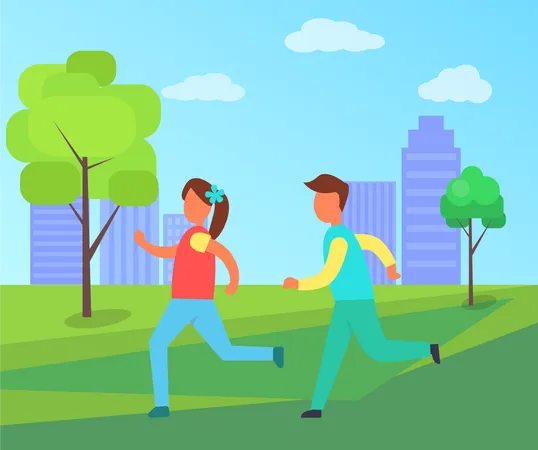 Children Jogging In Park Next To City Vector Cartoon Icon Boy And Girl Running One After Another Among Greens Playing Games And Training Sport Illustration