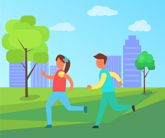 People Running in Park  Illustration