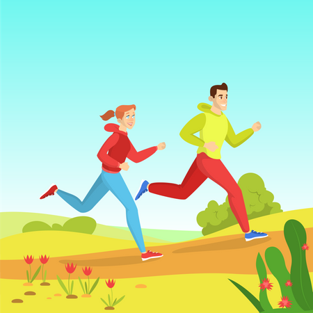People running in park in spring Illustration