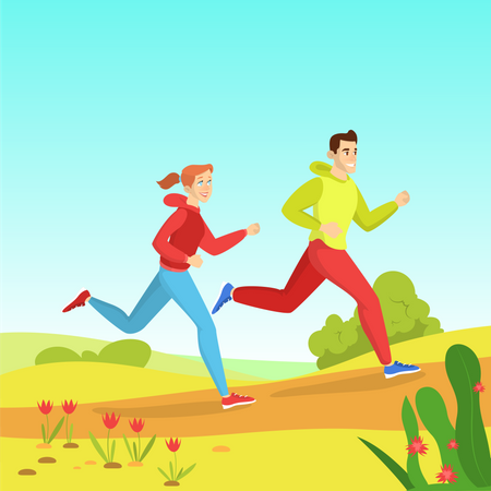 People running in park in spring  Illustration