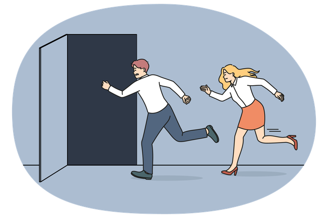 People running to open office doors  Illustration