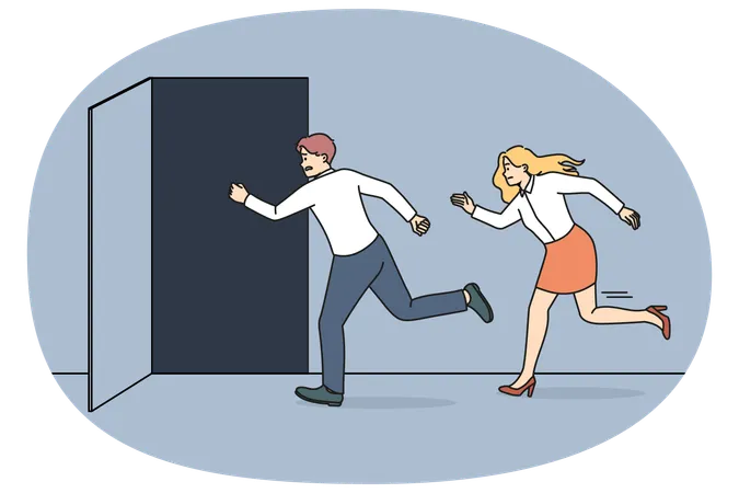 People running to open office doors  Illustration