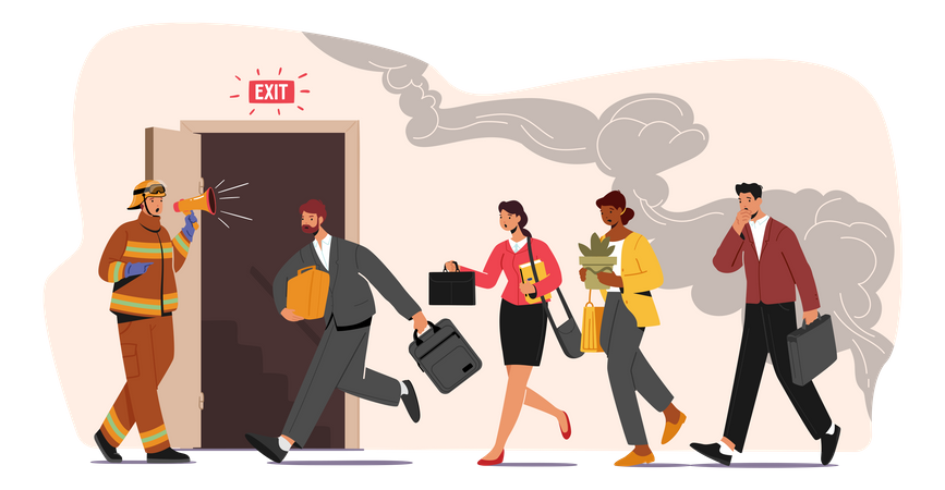 People running towards emergency exit during fire emergency Illustration