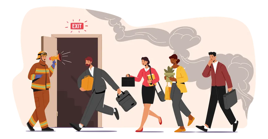 People running towards emergency exit during fire emergency Illustration