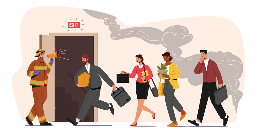 People running towards emergency exit during fire emergency  Illustration