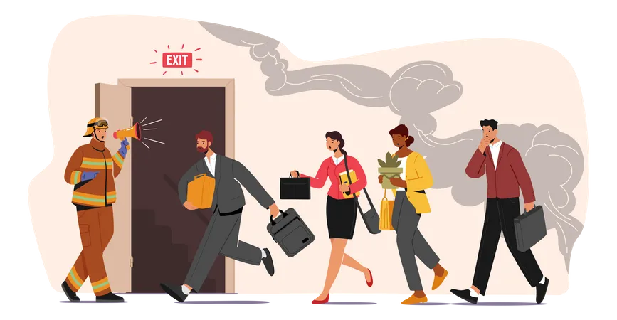 People running towards emergency exit during fire emergency  Illustration