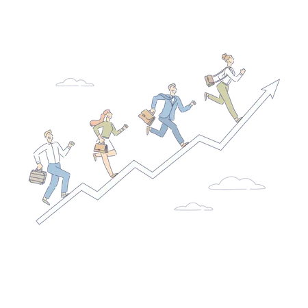 People Running Up Progress Arrow Journey Towards Achieving Success Teamwork In Workplace Self Improvement Metaphor Banner Goals Career Ladder Cartoon Concept Sketch Flat Vector Illustration Illustration