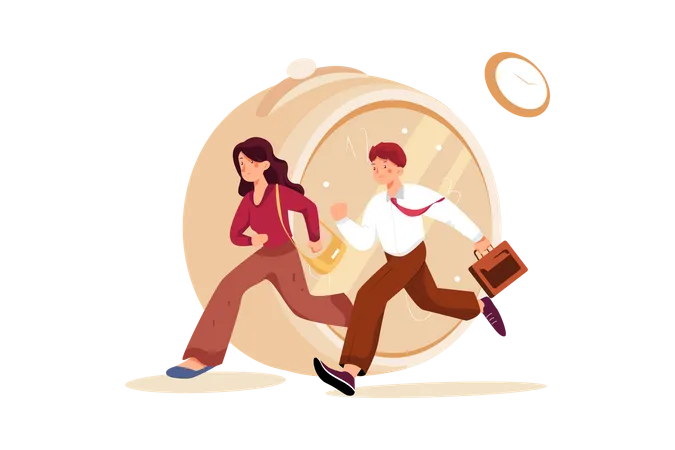 Businessman And Businesswoman Running Against The Background Of An Old Clock Illustration
