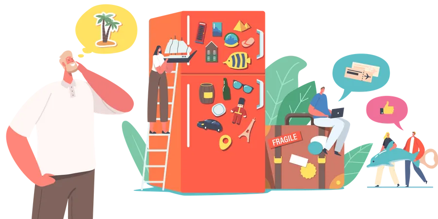 Characters Collect Magnet Souvenirs After Visiting Different Countries Put On Refrigerator Door People Save Memory From Vacation Trips After Visiting World Landmarks Cartoon Vector Illustration Illustration