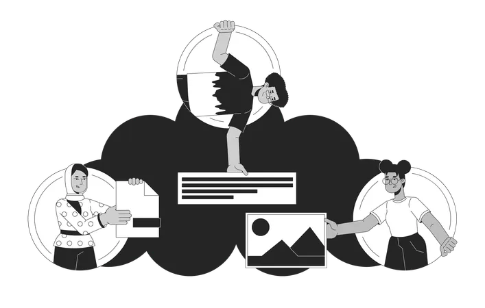 Cloud Storage Black And White 2 D Illustration Concept Software Development Team Cartoon Outline Character Isolated On White Cloud Based Collaborative Workspacemetaphor Monochrome Vector Art Illustration