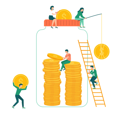 People saving gold coins in jar Illustration