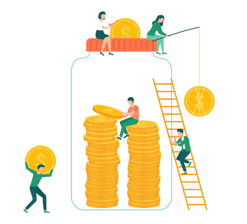 People saving gold coins in jar  Illustration