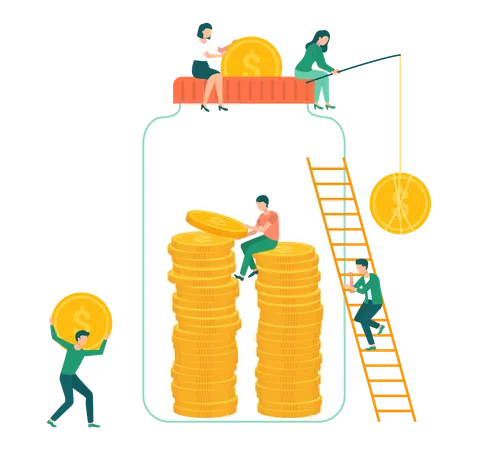 People saving gold coins in jar  Illustration