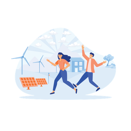 People saving green energy using wind power and solar energy  Illustration