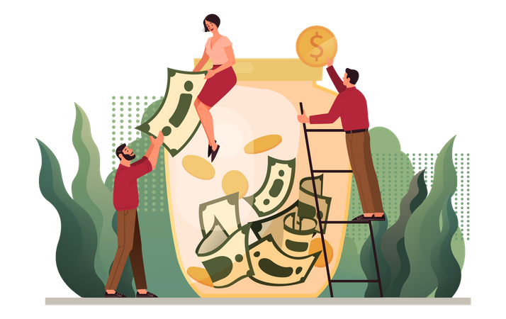 People saving money in jar  Illustration