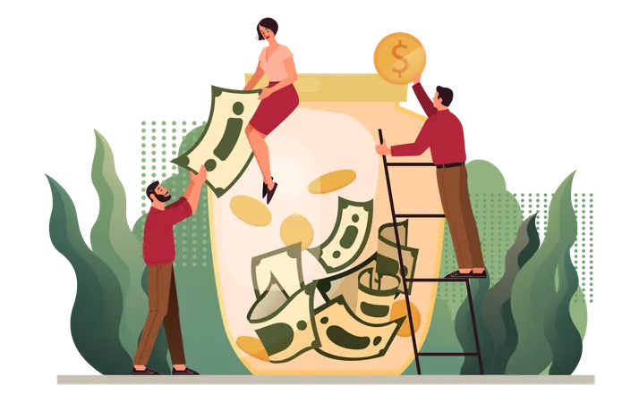 People saving money in jar  Illustration