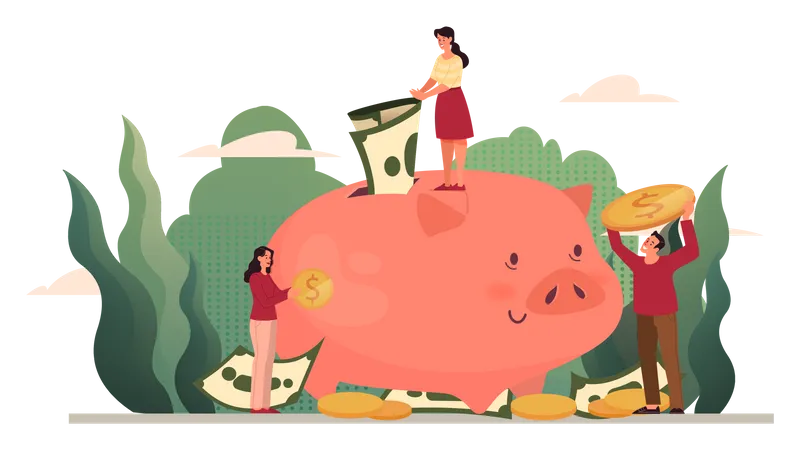 People saving money in piggy bank Illustration